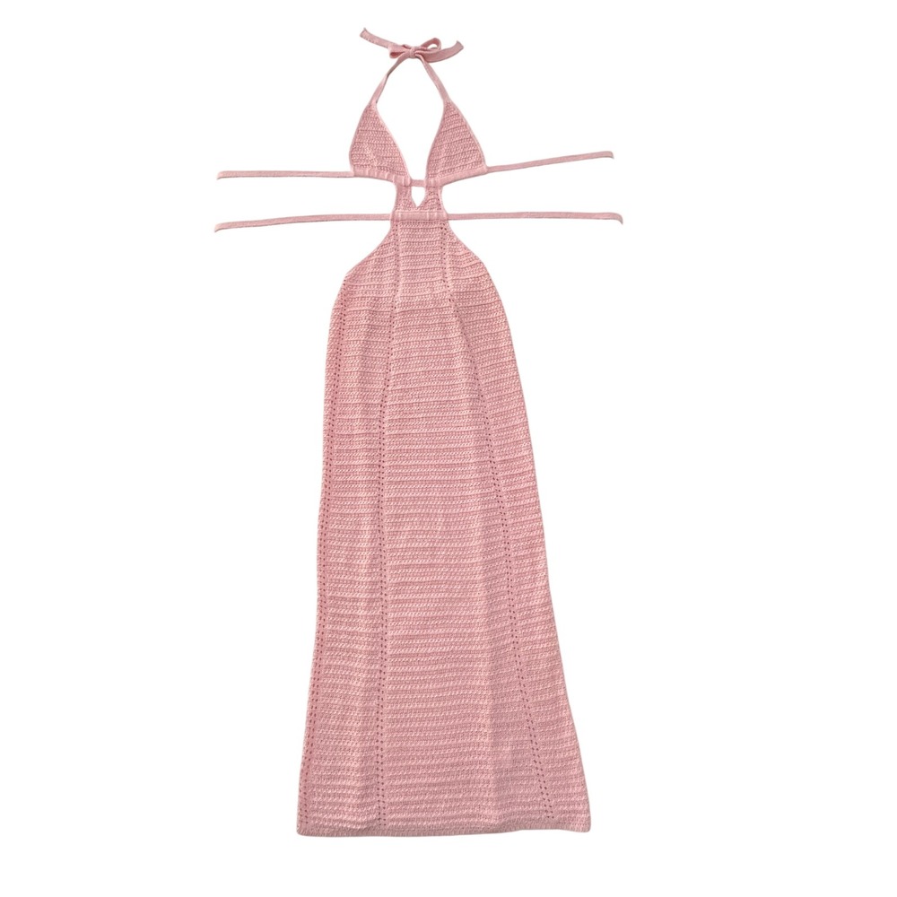 Pink Crochet Maxi‎ Dress Womens Small Halter Cutout Backless Coquette Boho Beach - Picture 8 of 9